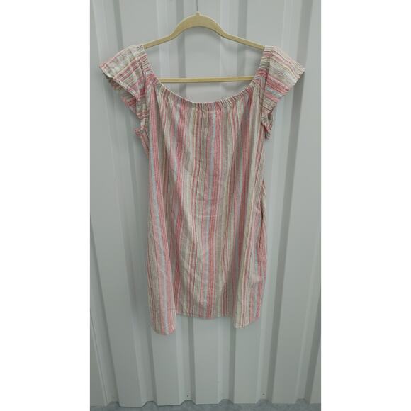 Oddy Dress Off Shoulder Mini Linen Blend Large Striped Multicolor Pockets - Picture 3 of 5